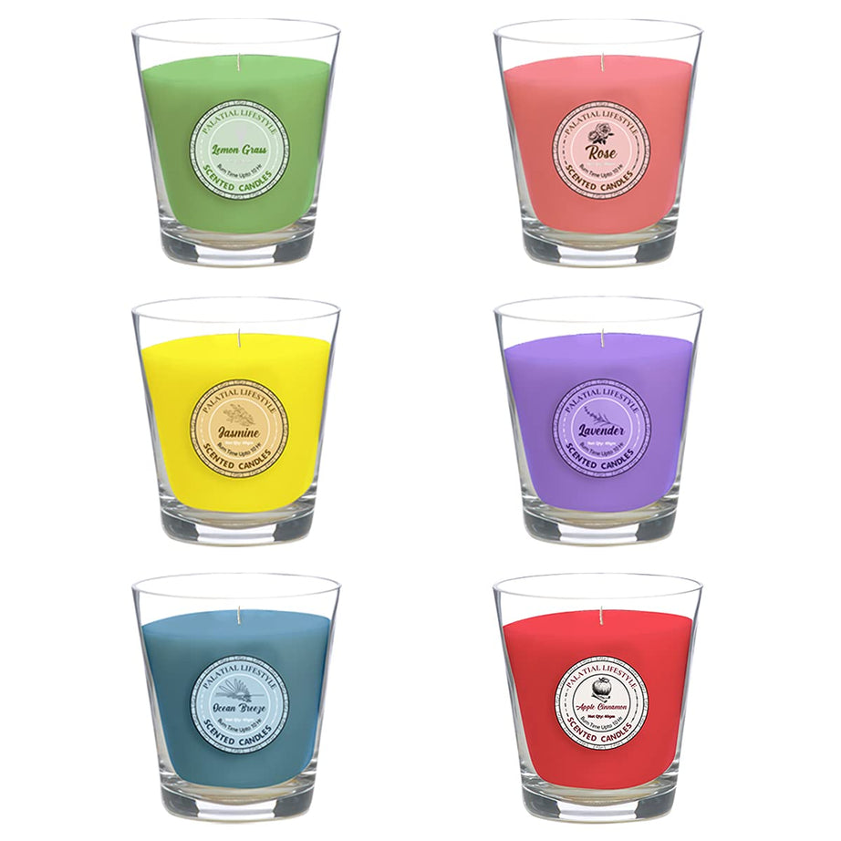 Palatial Lifestyles Glass Scented Candles For Home, Set Of 6, Aroma Candles, Fragrance Candles For Bedroom (Enticing Rose, Lavender, Jasmine, Apple Cinnamon,Lemongrass, Ocean Breeze)