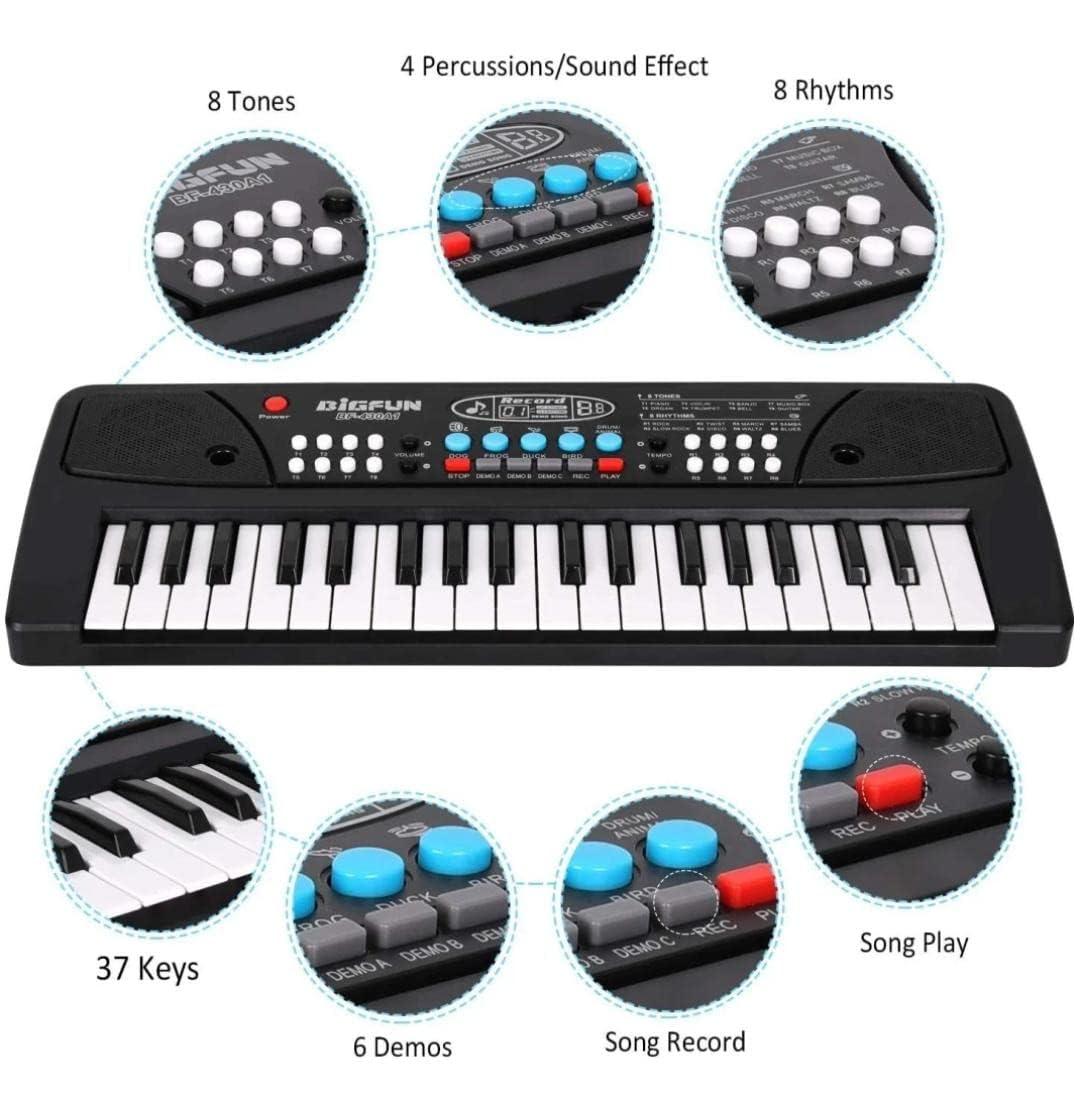 VEBETO Kids Piano with Mic (1 Year Extended Warranty) 37 Keys 8 Rhythms 8 Tones 6 Demos Portable Electronic Keyboard Toy Beginners Educational Songs Recording Musical Toys Age 3 to 5 Years Boys Girls