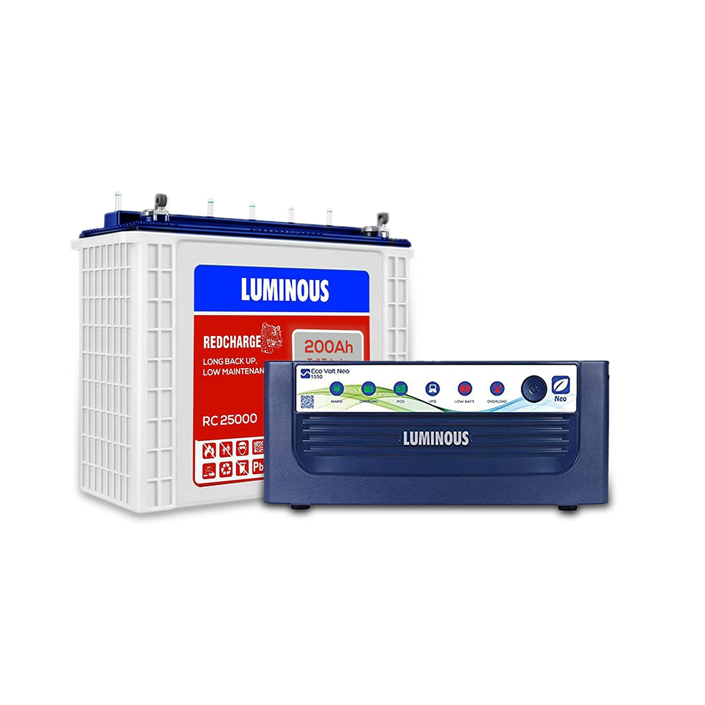 Luminous Inverter & Battery Combo (Eco Volt Neo 1550 Pure Sine Wave 1400VA/12V Inverter, Red Charge RC 25000 Tall Tubular 200Ah Battery) for Home, Office & Shops