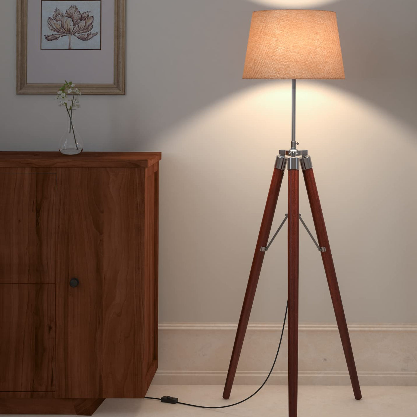 Divine Trends Sleek Tripod LED Floor Lamp Standing Wooden Natural Brown Polished And Nickel With 12 Inches Jute Lamp Shade For Living Room Corner, Home, Hotel, Office (Pack Of 1)