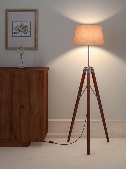 Divine Trends Sleek Tripod LED Floor Lamp Standing Wooden Natural Brown Polished And Nickel With 12 Inches Jute Lamp Shade For Living Room Corner, Home, Hotel, Office (Pack Of 1)