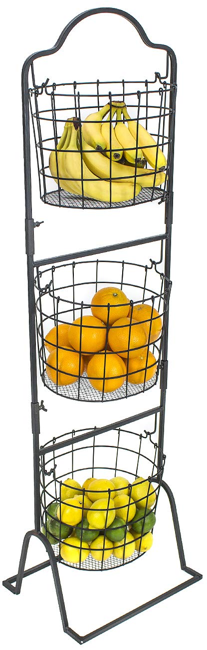 Sorbus 3-Tier Wire Market Basket Stand for Fruit, Vegetables, Toiletries, Household Items, and More, Stylish Tiered Serving Stand Baskets for Kitchen, Bathroom Storage Organization (Black)