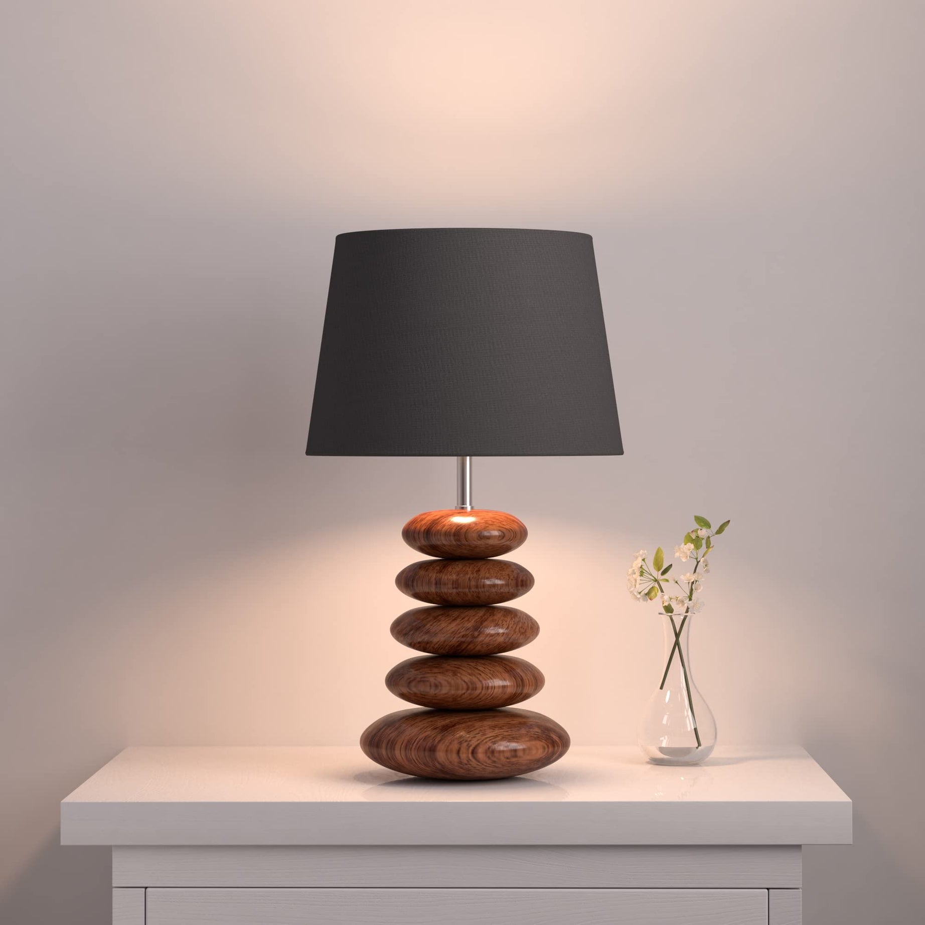 Divine Trends Wood Pebble Table Lamp 19 Inches Height With 10 Inches Diameter Black Lamp Shade For Bedroom, Bedside, Living Room, Home Decoration, Hotel Pack Of 1 - Led