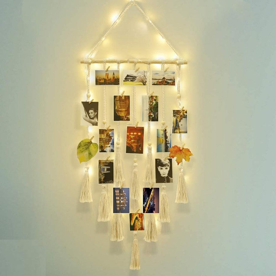 ecofynd Tokyo Macrame Photo Display Wall Hanging, Picture Organizer with 20 Wooden Clips & Fairy LED String Lights, Bohemian Frame for Bedroom (BH008)