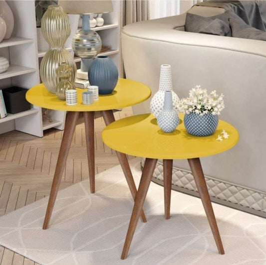 OXMIC Round Side Table Set of 2, Modern Bed Side Table, Nesting Table Set for Living Room Minimalist Coffee Table for Bedroom, Balcony and for Tea and Coffee Serve (Yellow)