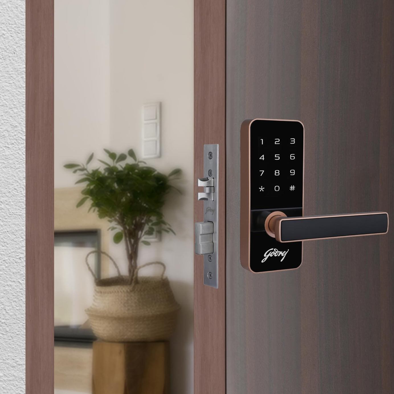 Godrej Smart Locks I Catus Touch I Smart Digital Lock for Wooden Door I 2 in 1 Access I PIN Access I Mechanical Key I Rose Gold Finish I 3 Years Warranty, Alloy Steel, Mortise Lock