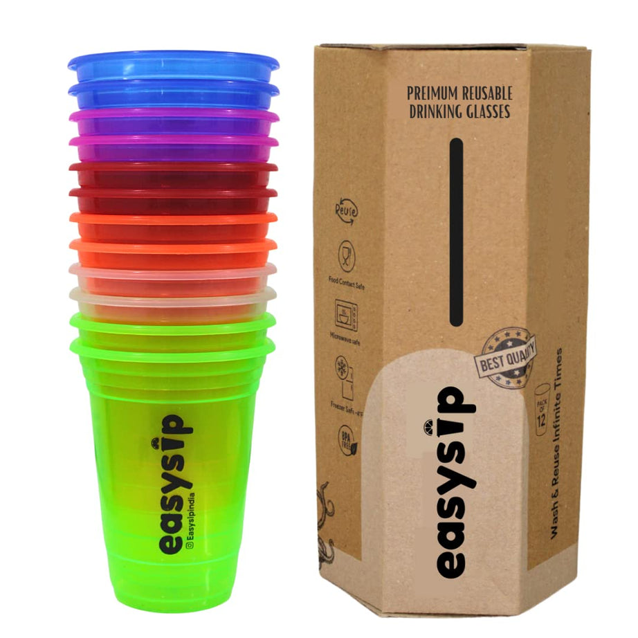 Easy Sip Reusable Party Glasses | Drinking Glass | BPA-Free | Leak Proof House Party Dispenser | Colourful Juice Tumbler Assorted Cups | Pack of 12 (400 ML - Multicolour)