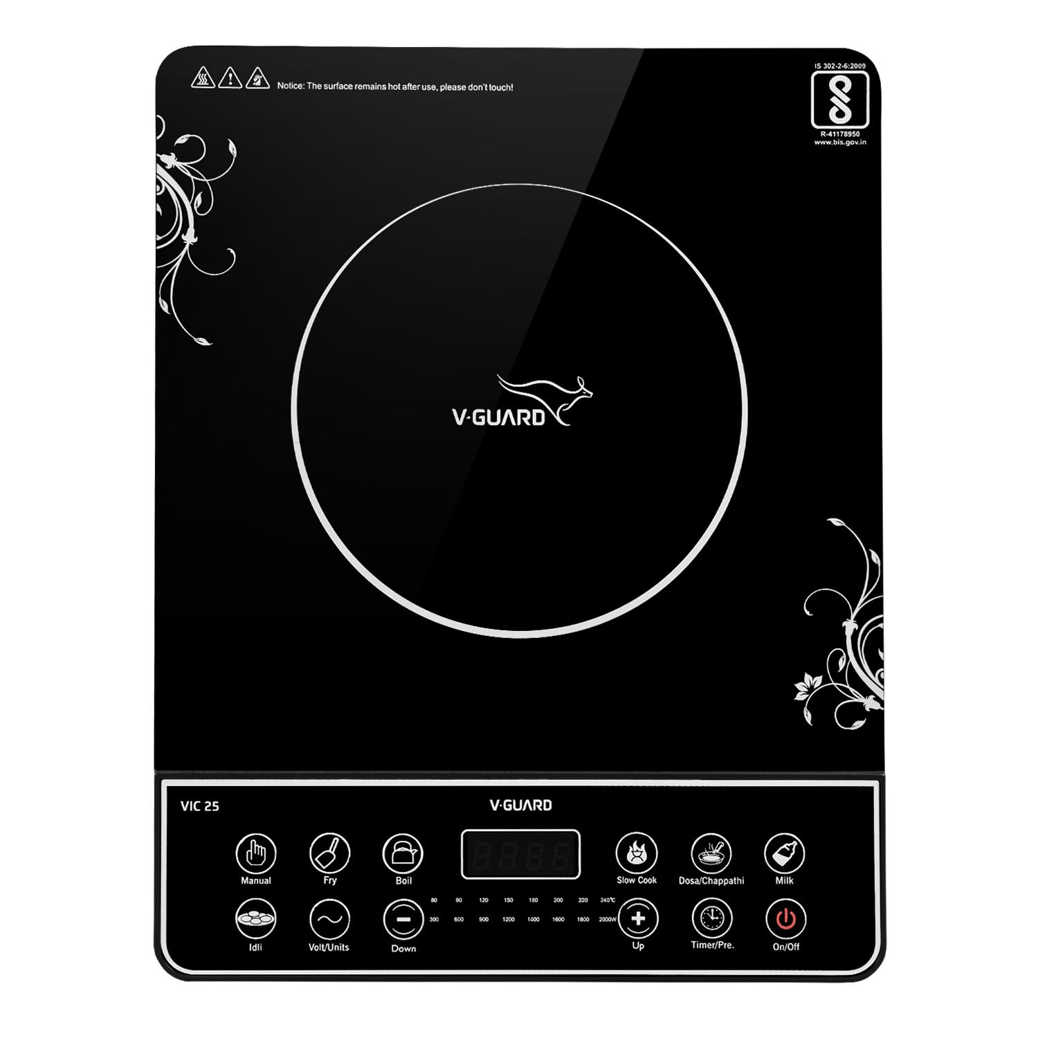 V-Guard VIC 25 Induction Cooktop| 2000-Watt Electric Induction Stove with Preset Indian Menu | Temperature Control | Push button| Auto-cutoff | Polished Glass | Black