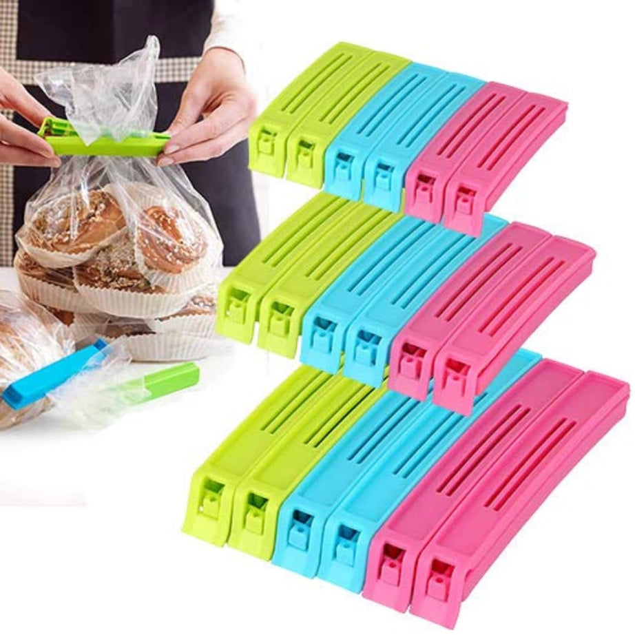 Suzec 18 Pcs - 3 Different Size Plastic Food Snack Bag Pouch Clip Sealer Large, Medium, Small Plastic Snack Seal Sealing Bag Clips Vacuum Sealer (Set of 18, Multi-Color) (Multicolor)