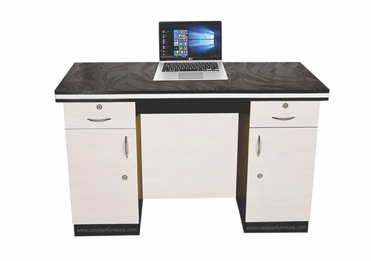 CASPIAN Furniture White and Coffee Brown Engineered Wood Study Table/Office Desk | Office Table with 2 Drawers, Keypad and Storage Cupboard | Size 48 x 30 x 24 inches