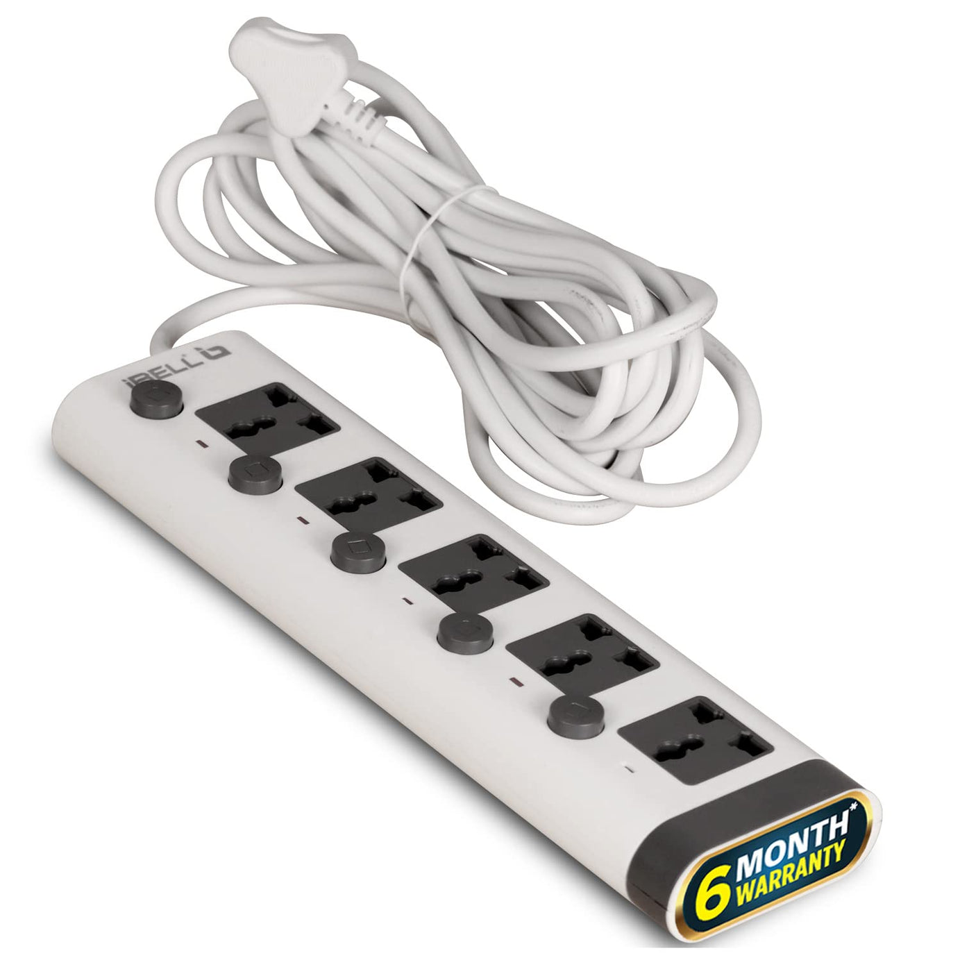 iBELL 5MPLUS Extension Cord/Board with 5 Meter cord length, 5 Way Multi Socket Spike Guard, 2500W, 10A, 250V, Individual Switch, LED Indicator