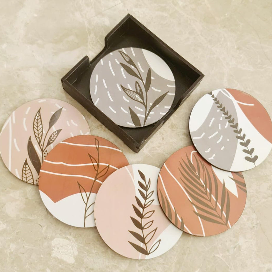 My Creative Hut Set of 6 Beautiful Wooden Tea Coasters with Stand Designer Quality Coaster Set for Tea Cups, Coffee Mugs and Glasses (Jungle)