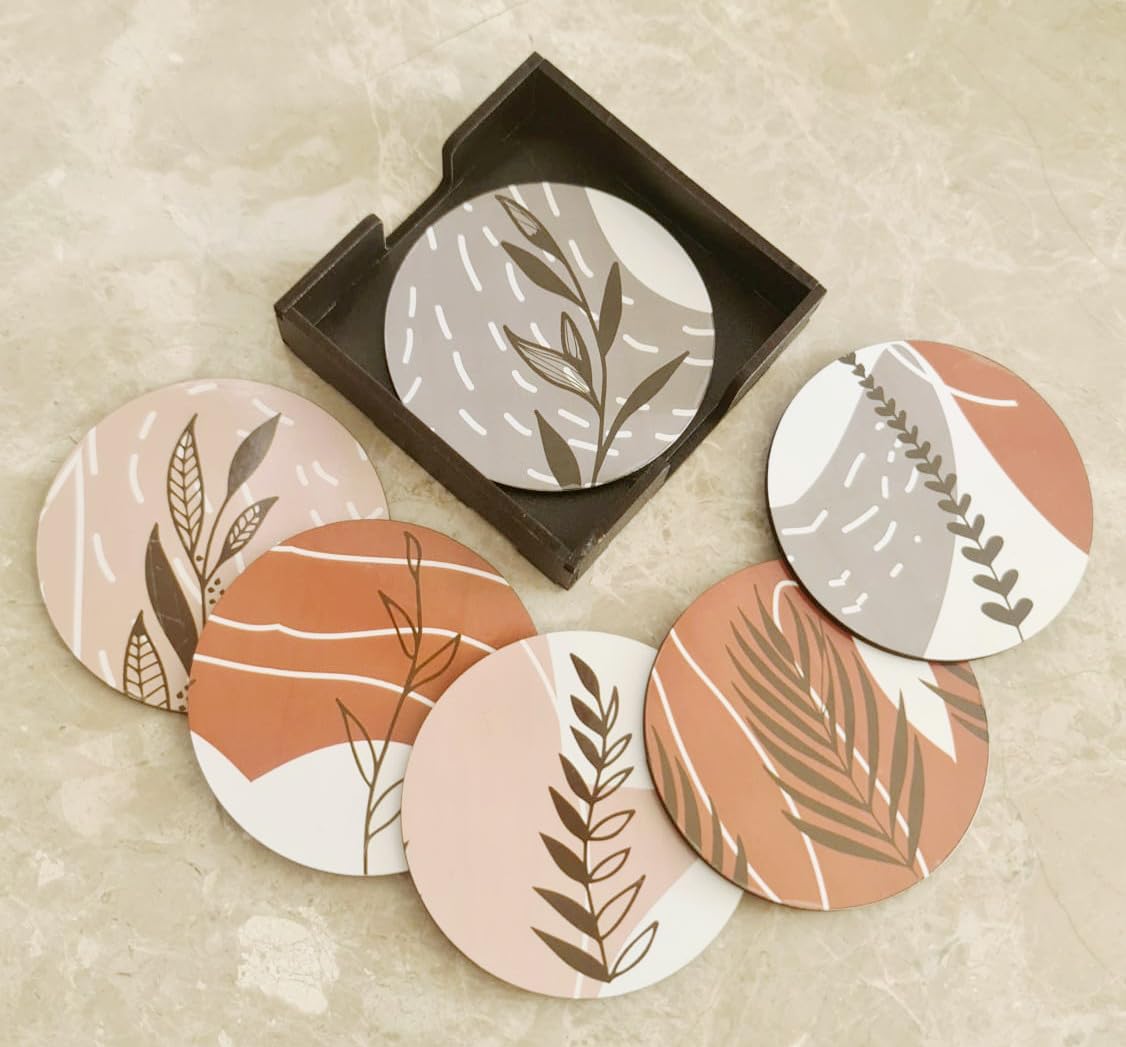 My Creative Hut Set of 6 Beautiful Wooden Tea Coasters with Stand Designer Quality Coaster Set for Tea Cups, Coffee Mugs and Glasses (Jungle)