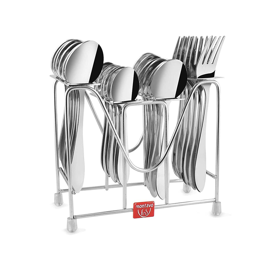 Montavo by FnS Orchid Stainless Steel Cutlery Set with Hanging Stand (6 Dinner Spoons, 6 Dinner Forks, 6 Teaspoons, 6 Baby Spoons and 1 Cutlery Stand)