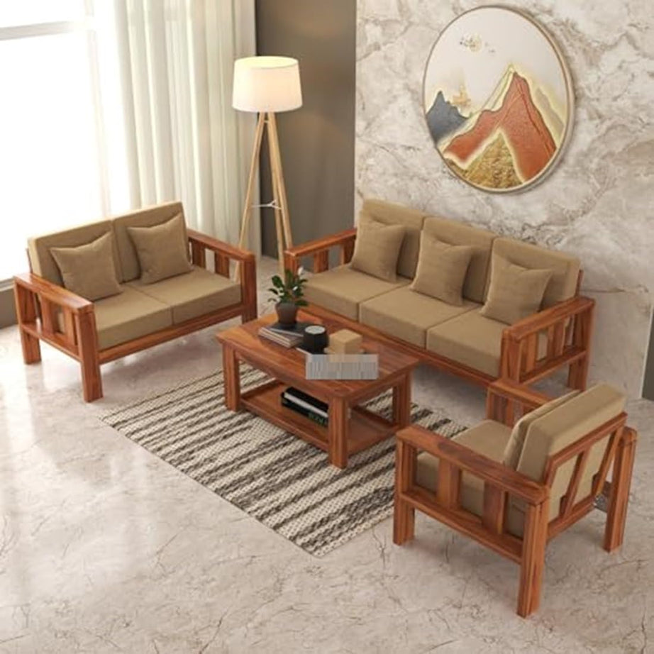 COMBAT FURNITURE™ Wooden Sofa Set for Living Room | Wooden Sofa Set | 6 Seater Sofa Set | Solid Sheesham Wood Sofa Set for Living Room Furniture (3+2+1 Brown Natural Teak Finish)