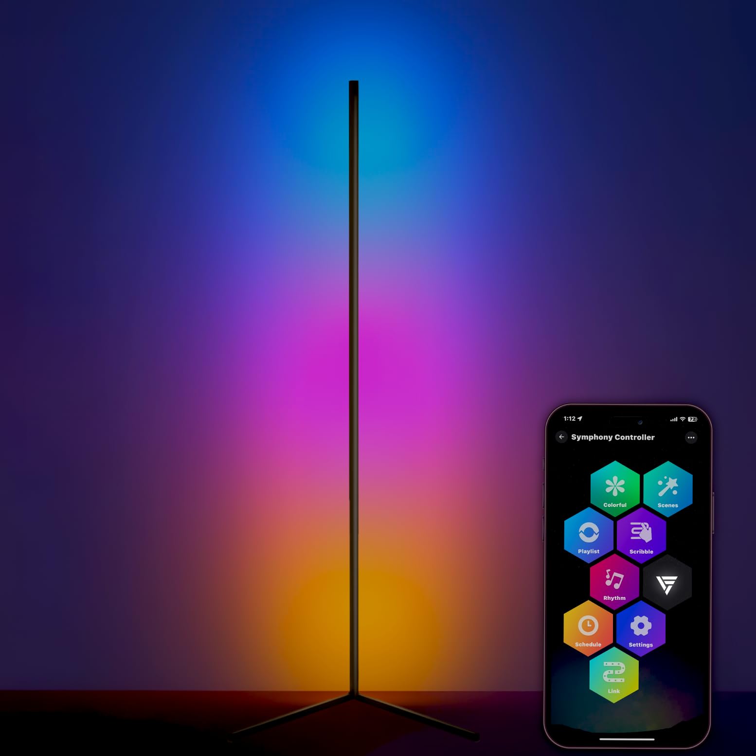 Vero Forza Spectra Corner Light RGB LED Corner Lamp with App and Remote Control, Color Changing Ambience Light with Music Sync, Led Floor Lamp for Living Room Bedroom Gaming Room Aluminium, Black