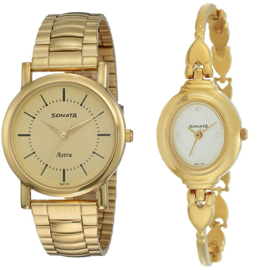 Sonata Analog Champagne Dial Couple's Watch (77049YM01C+NK8092YM03) | rakshabandhan Gifts