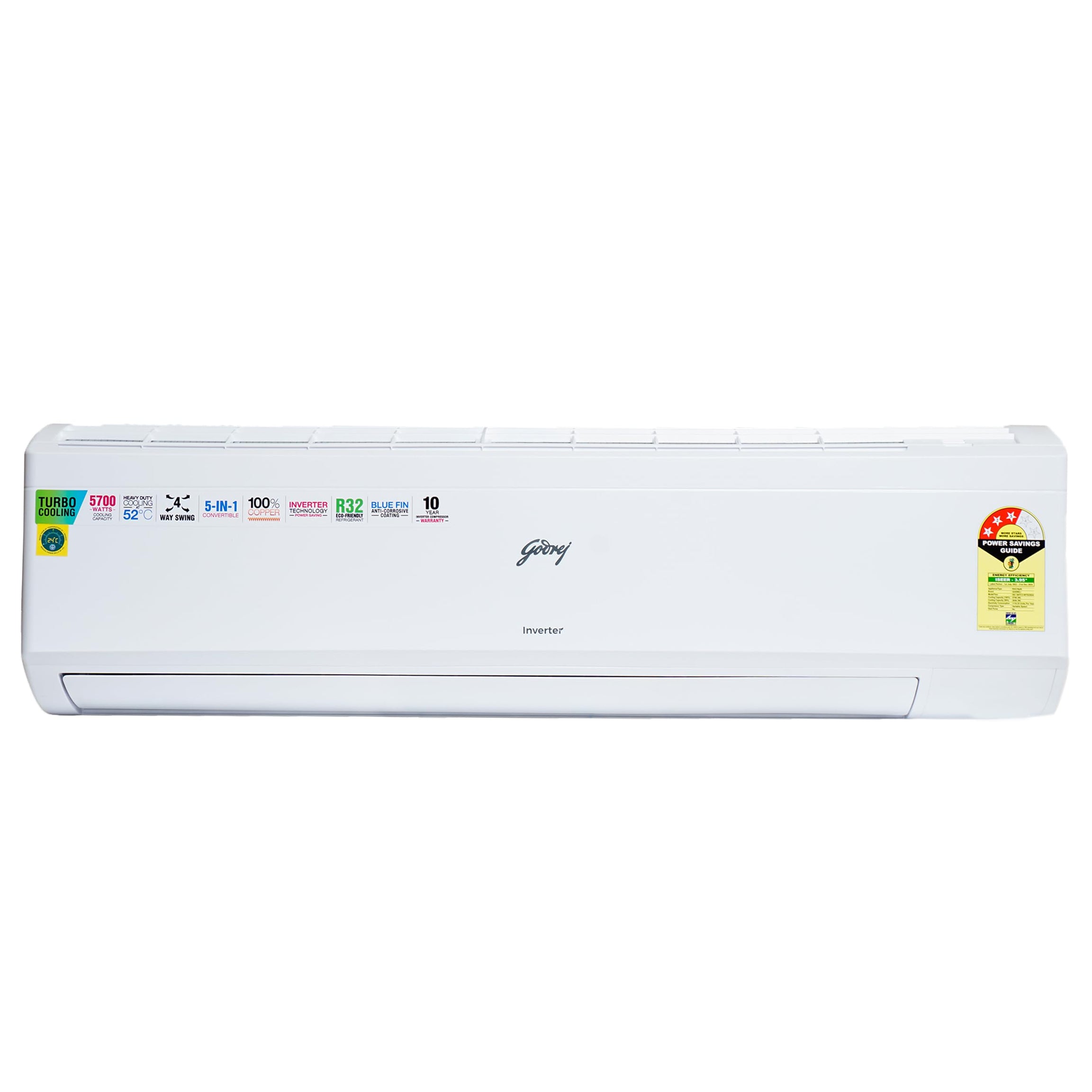 Godrej 1.7 Ton 3 Star, 5-In-1 Convertible Cooling, Inverter Split AC (Copper, Turbo Cooling at 52°C, 2024 Model, SIC 20ITC3-WYS, White)