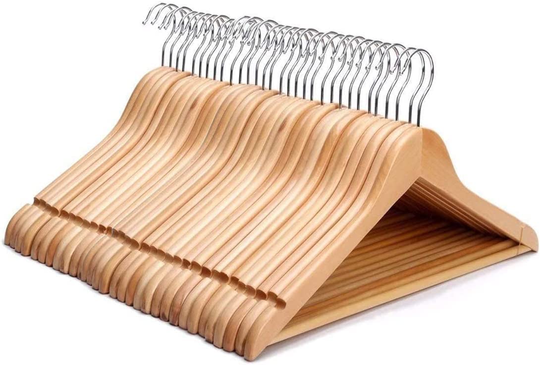 KEPLIN Strong Natural Wood Wooden Coat Hangers with 360 Degree Rotatory Hook & Round Trouser Bar & Shoulder Notches - Durable Wardrobe Space Saver - Suitable for Coat, Jacket, Suit, Jumper (20Pk)