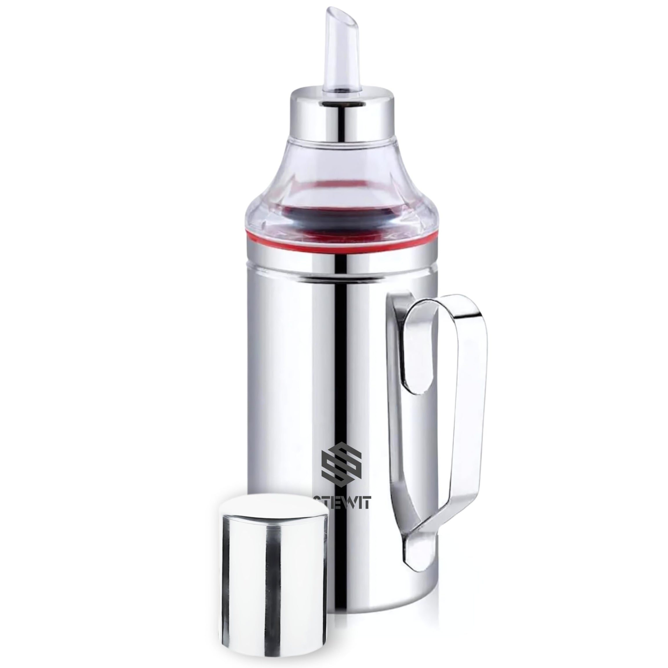 Stewit Stainless Steel Oil Dispenser with Nozzle 1 Litre | Olive Oil Container/Can | Vinegar Cruet/caster | Gini Oil Pourer/Pot/Drizzler | Oil Bottle with Handle | Silver | (Set of 1, 1000 ml)