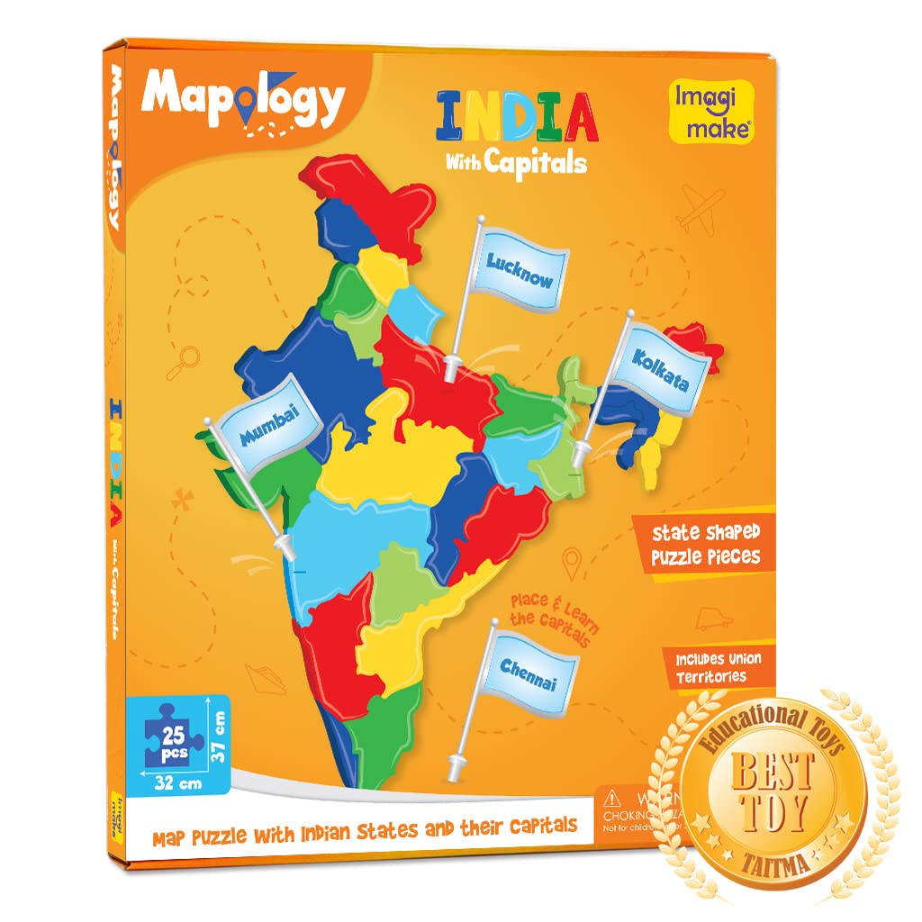 Imagimake Mapology India with State Capitals - Educational Toy and Learning Aid for Boys and Girls - India Map Puzzle - Jigsaw Puzzle, 25 Pieces, Kids