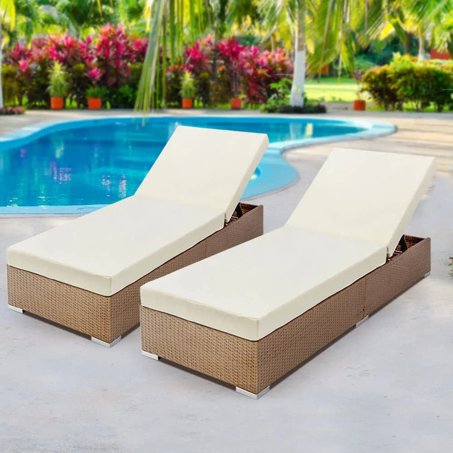 DEVOKO Outdoor 2 Pieces Chaise Lounge Chair, Patio Adjustable Chaise Loungers with Cushions for Garden, Balcony, Yard, Deck (Beige and White)