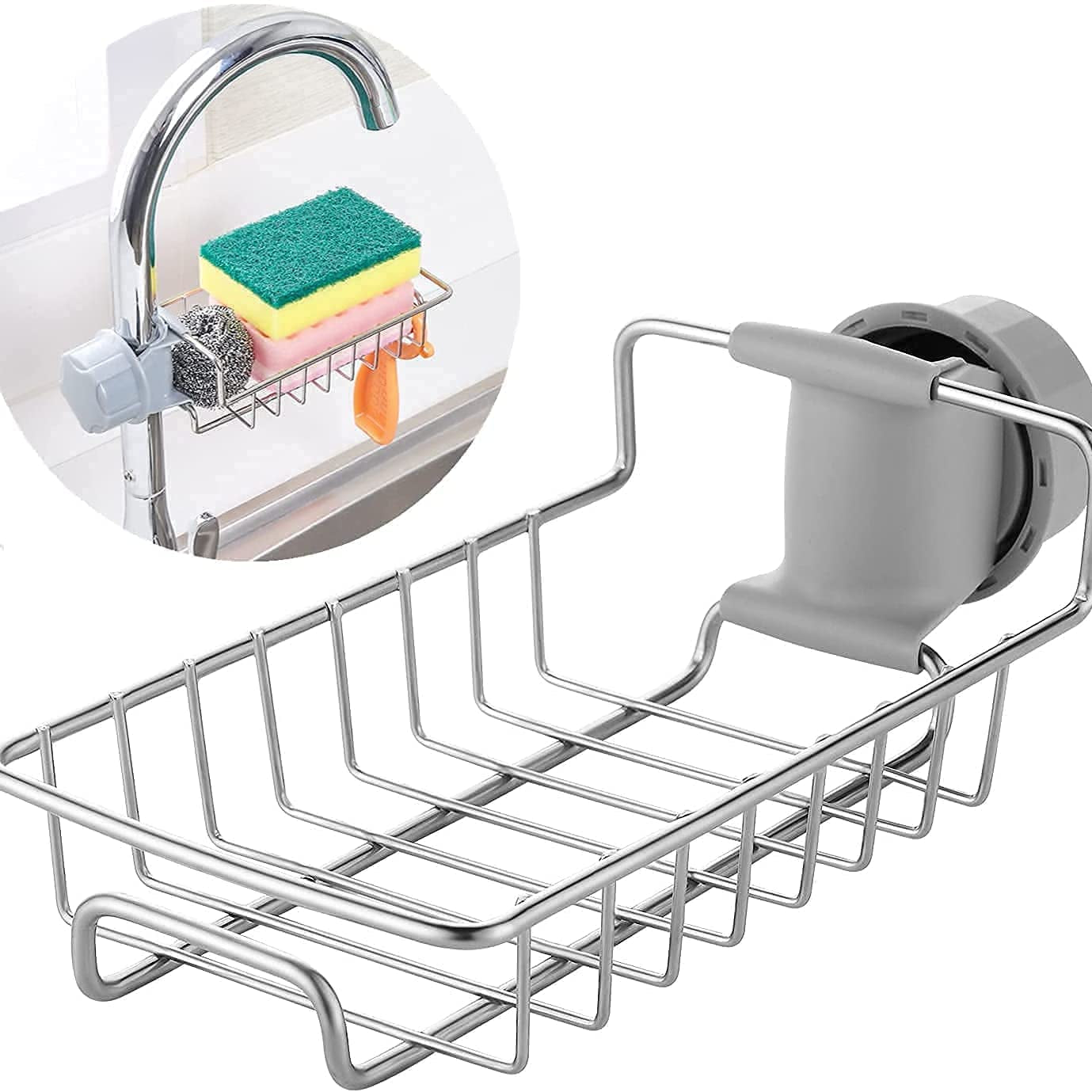 QONETIC Kitchen Sink Faucet Sponge Holder Caddy Organizer, Stainless Steel Dish Heavy Duty Hanging Drain Rack for scrubbers, soap, Bathroom, Detachable no Suction Cup Bathroom soap Holder Stand