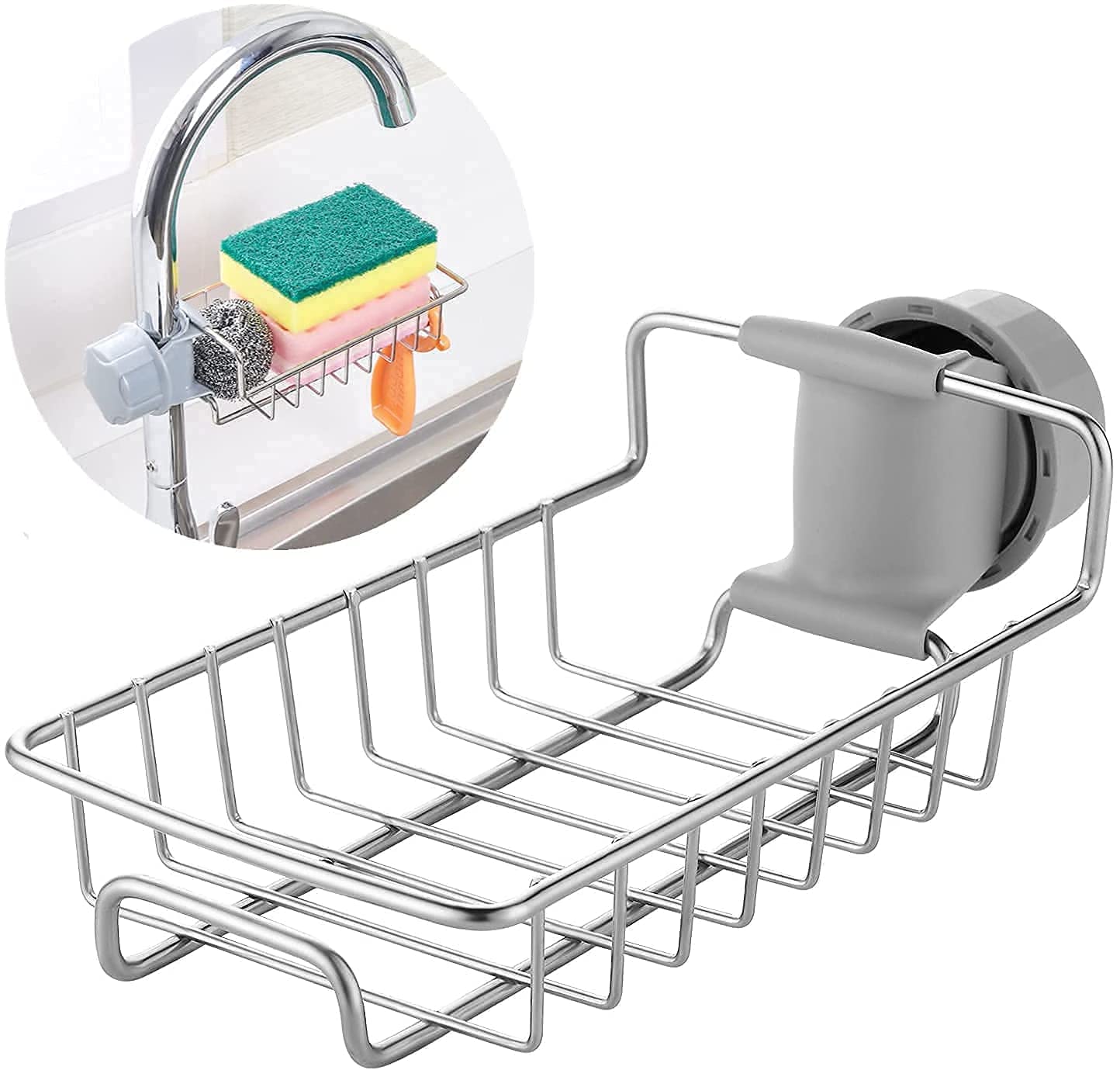 QONETIC Kitchen Sink Faucet Sponge Holder Caddy Organizer, Stainless Steel Dish Heavy Duty Hanging Drain Rack for scrubbers, soap, Bathroom, Detachable no Suction Cup Bathroom soap Holder Stand