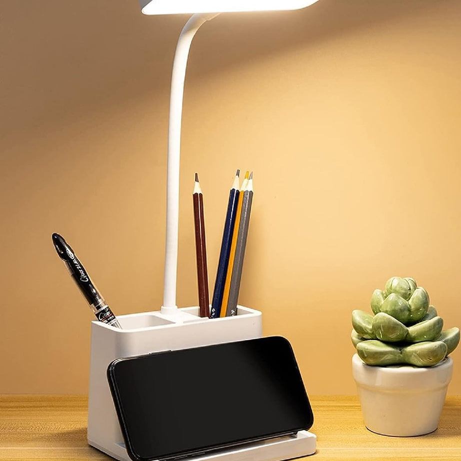 AL-AFANDI Desk Lamp/Study Lamp/Touch Lamp/Rechargeable Table Lamp Student Eye Protection & Phone Holder Pen Pencil Marker Holder Stand Lamp 3 Colour Light Modes - White