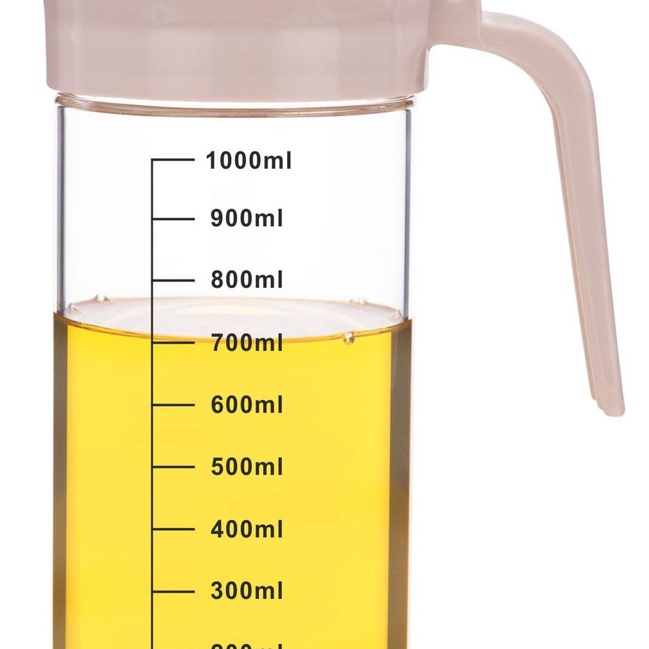 SignoraWare 1000ml Borosilicate Glass Oil Dispenser and Pourer with Measurement, Transparent Jug With Handle and Lid, Leakproof, Spill Proof, BiG Mouth To Easy Refill and store (1 litre, Set 1)