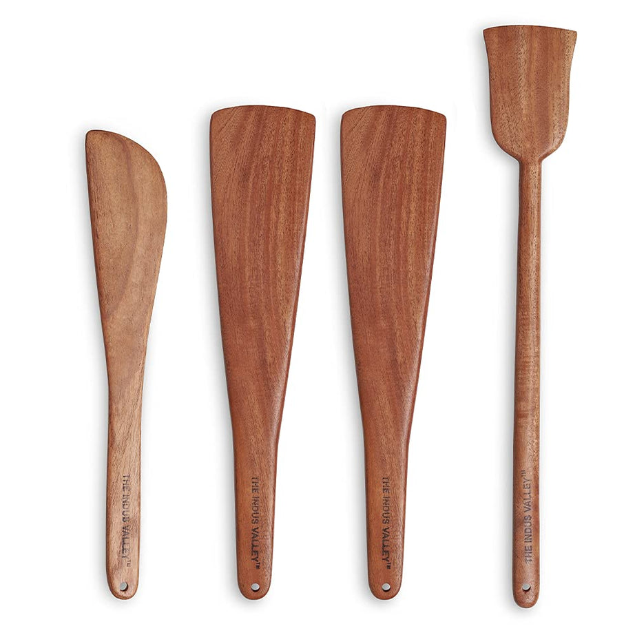 The Indus Valley Dosa Roti Spatula Set Of 4 - Neem Wood Cooking Ladles (Wooden Spoons For Pan)