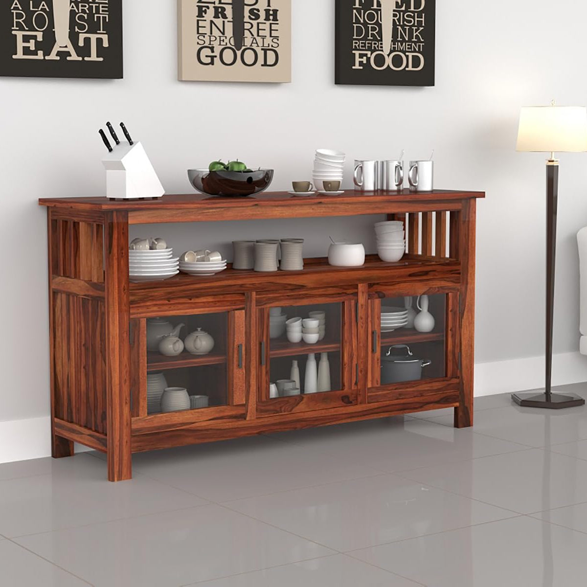 Angel Furniture Contemporary Sheesham Wood Crockery Cabinet with Three Glass Doors and Versatile Storage - Honey Finish - Dining Room Sideboard