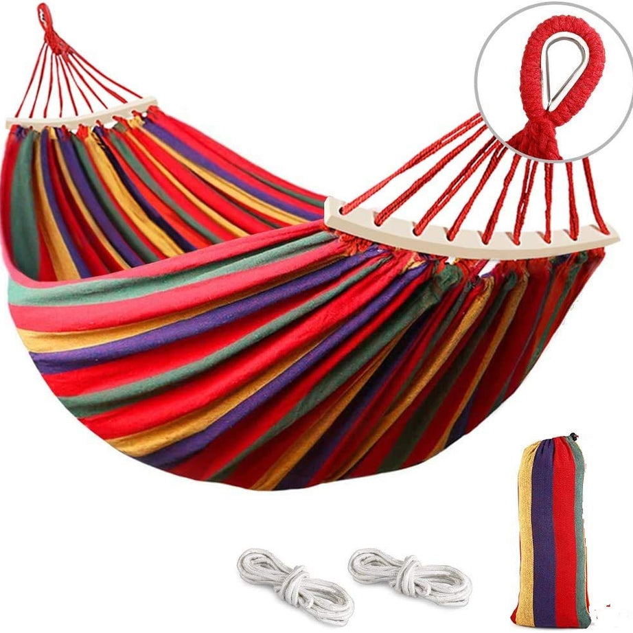 we3 Canvas Fabric Camping Hammock with Carrying Bag for Patio Porch Garden Backyard Lounging Outdoor/Indoor Hammock (RED, Wooden Stripe 280 * 100)