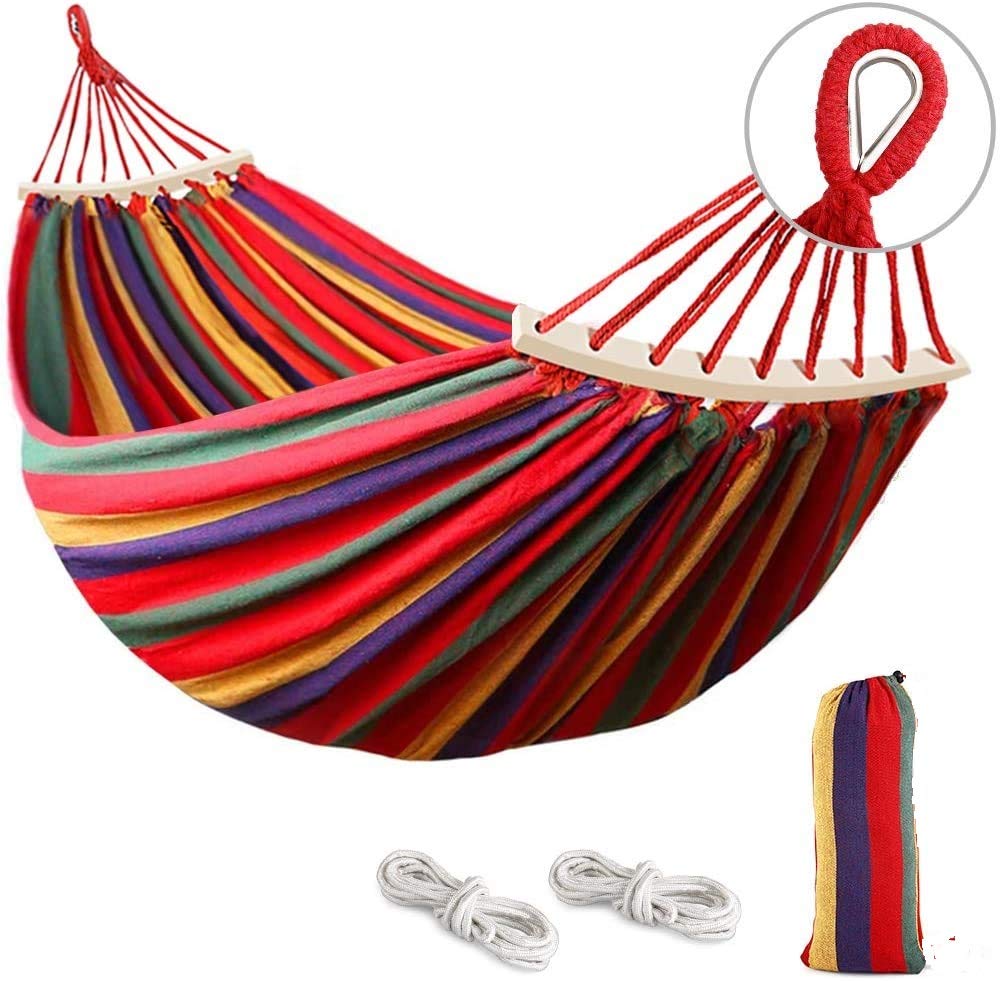 we3 Canvas Fabric Camping Hammock with Carrying Bag for Patio Porch Garden Backyard Lounging Outdoor/Indoor Hammock (RED, Wooden Stripe 280 * 100)