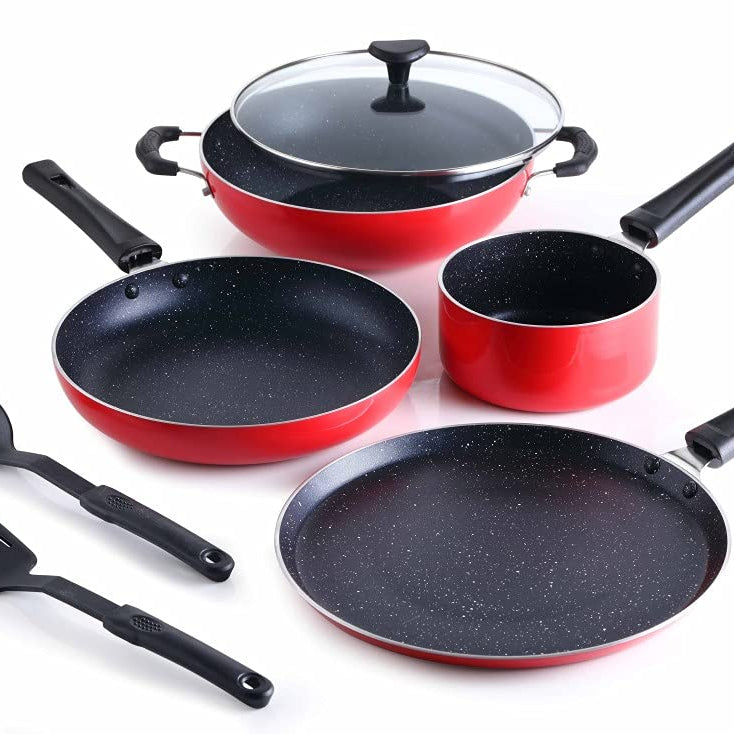 Crystal Classic Series 7-pc Non-Stick Induction Bottom Cookware Set, PFOA Free, Tawa, Fry-Pan, Kadhai with Glass Lid, Sauce Pan with 2 Serving Spoons, Red,Aluminium, 7