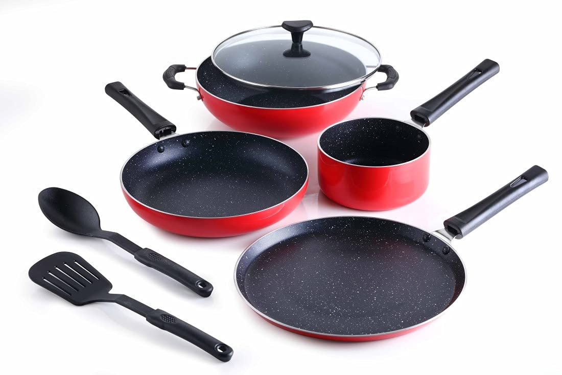 Crystal Classic Series 7-pc Non-Stick Induction Bottom Cookware Set, PFOA Free, Tawa, Fry-Pan, Kadhai with Glass Lid, Sauce Pan with 2 Serving Spoons, Red,Aluminium, 7