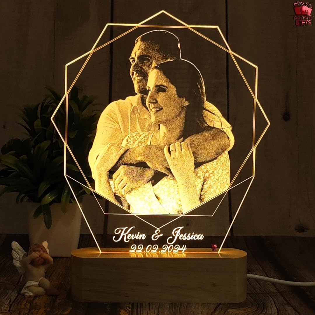 Artistic Gifts Acrylic Personalized Hexagon Shape 3D Illusion Photo Led Lamp For Couples| Photo Frame With Customized Photo, Name And Date| Anniversary Gift For Couple, Wife, Husband, Parents., Multi