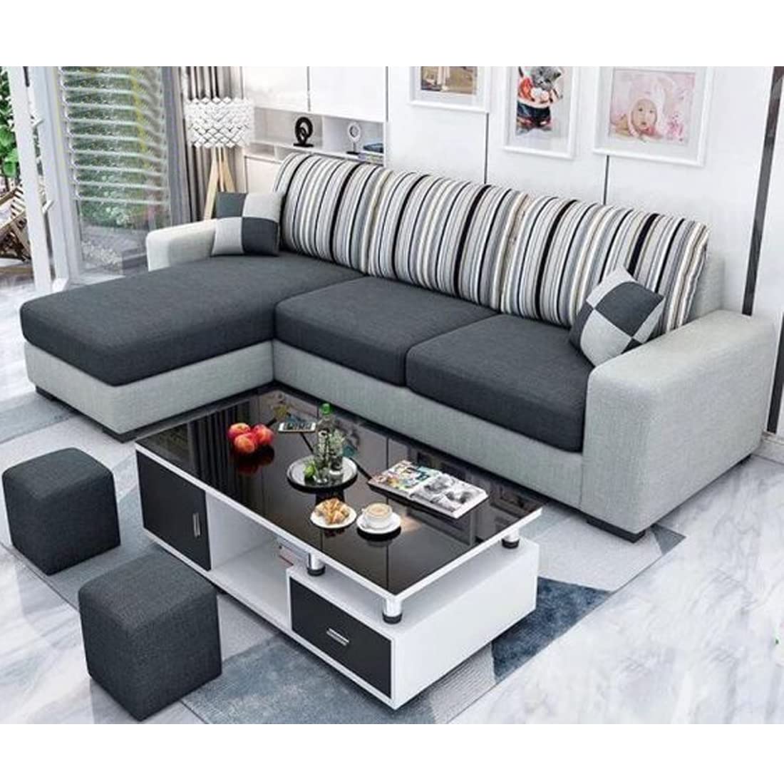 Casacomfort Luno 4 Seater Fabric LHS L Shape Sofa Set (Light Grey-Dark Grey) 4-Person Sofa