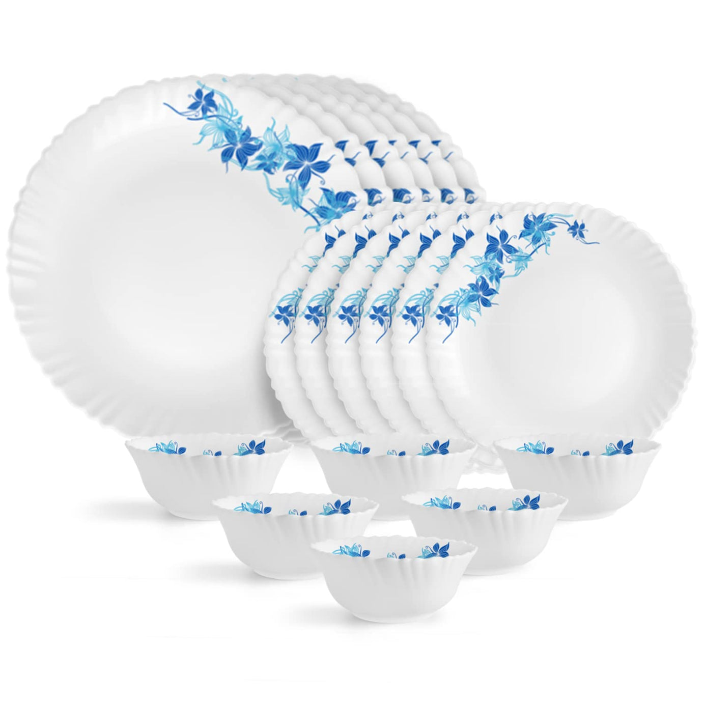 Cello Opalware Dazzle Series Blue Swirl Dinner Set, 18 Units | Opal Glass Dinner Set for 6 | Light-Weight, Daily Use Crockery Set for Dining | White Plate and Bowl Set