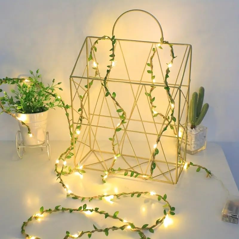 Nisco DIY Artificial Vines with 100 LED USB String Lights - DIY Pack of Natural Green Burlap Leaf Ribbon with 10 Mtr Fairy Lights on Jute Twine for Wall Room Window Wedding Indoor Party Festival Decor