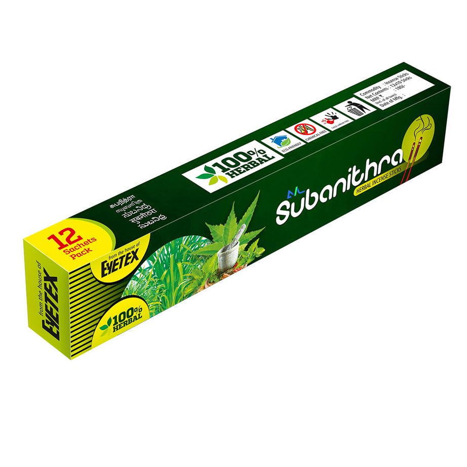 Eyetex Subanithra Herbal Mosquito Repellent Incense Sticks (12 Packs 10 Piece Each) - Chemical-Free, Eco-Friendly, Low Smoke Output, 100% Natural, Soothing Herbal Aroma, Wholesale Pack