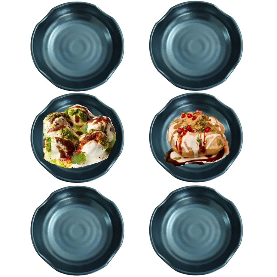 Home Decorise Melamine Dahi Bhalla and Chat Plate, Snack and Appetizer Plate, Tray for Party and Daily use Serving Platter (Matt Black, Dia 6 Inch, Pack of 6)