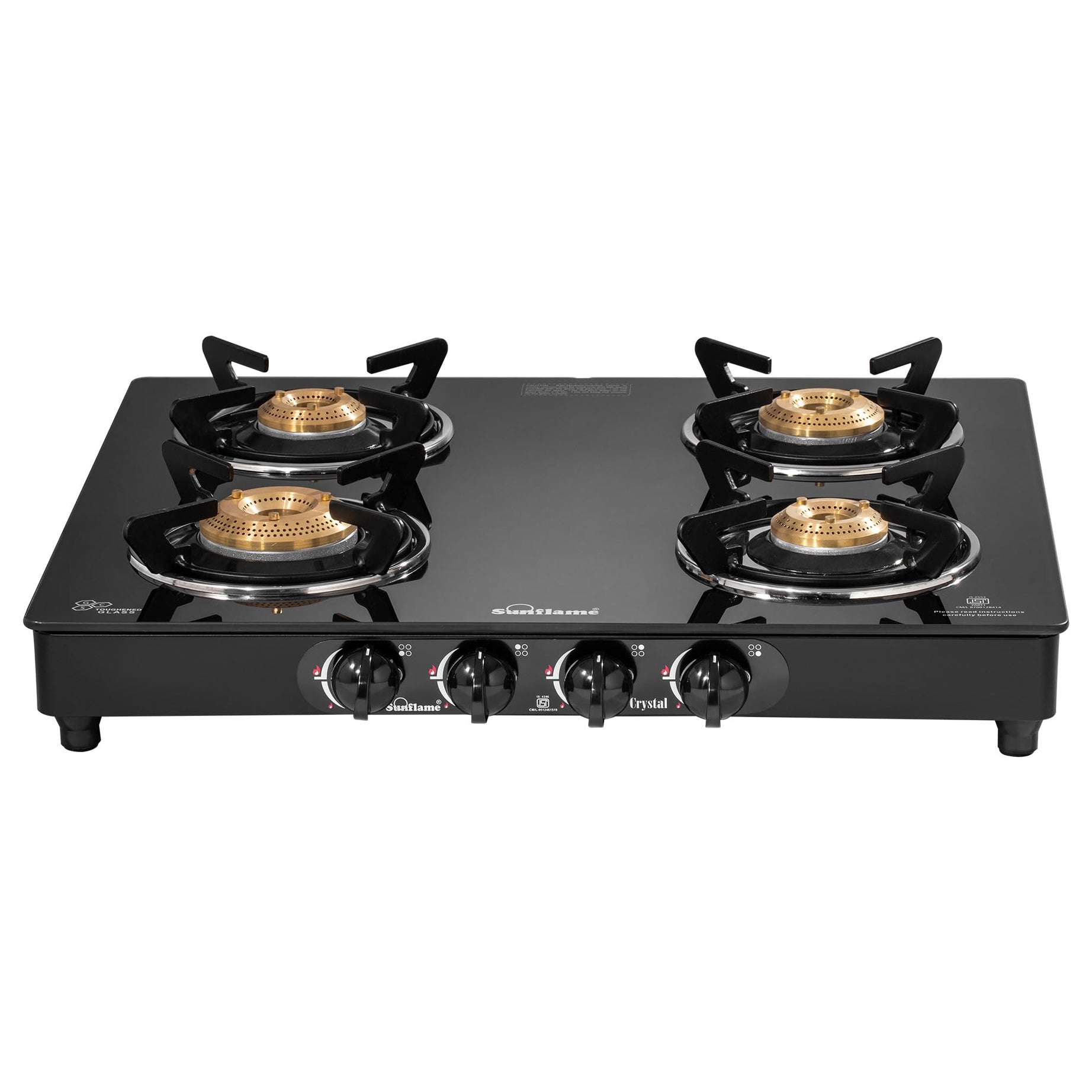 Sunflame Crystal Toughened Glass 4 Brass Burner Gas Stove (Manual Ignition, Black)