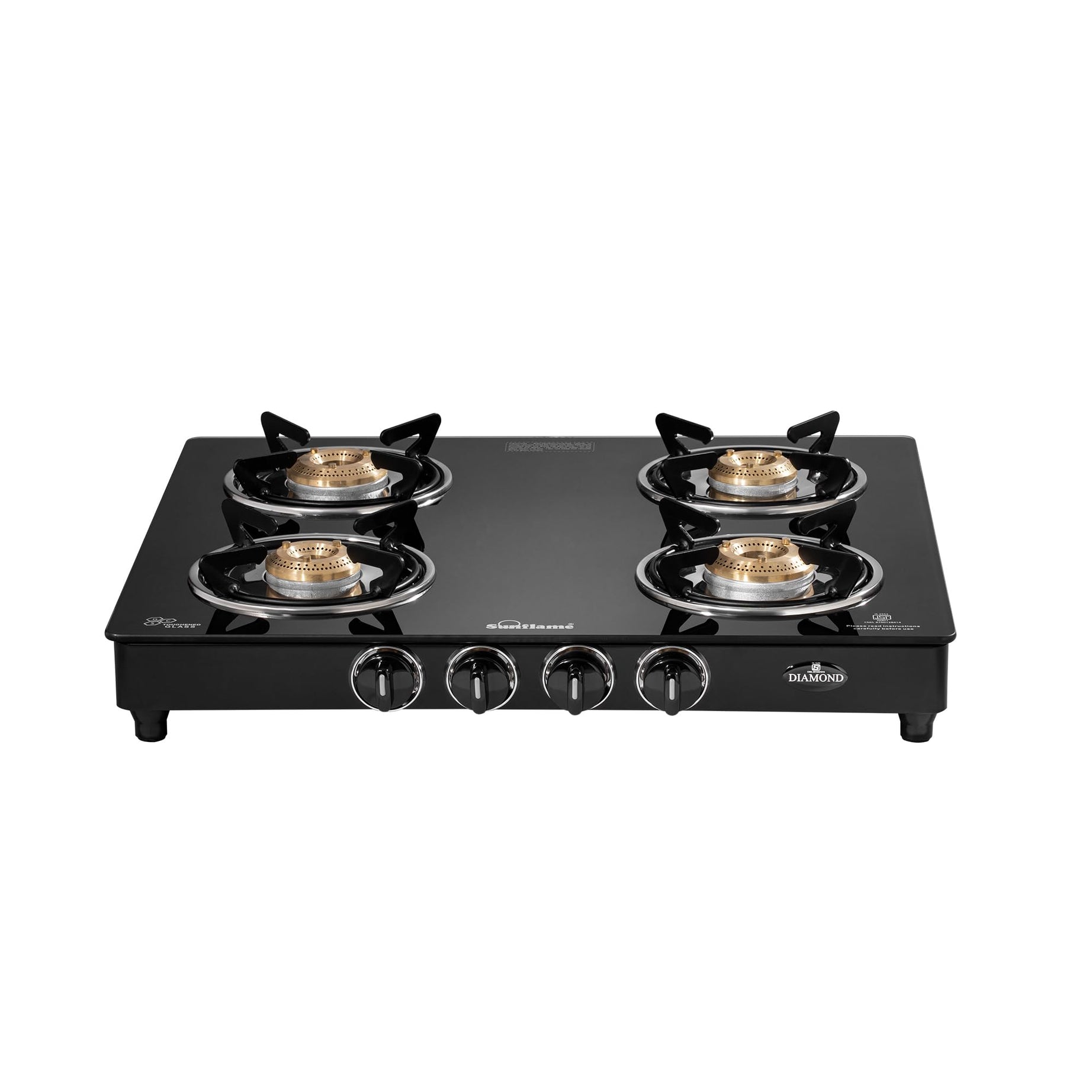 SUNFLAME Diamond 4 Burner Manual Gas Stove 2 Medium And 2 Small Brass Burners 2-Years Product Coverage Ergonomic Knobs Toughened Glass Top Easy To Maintain Pan India Support