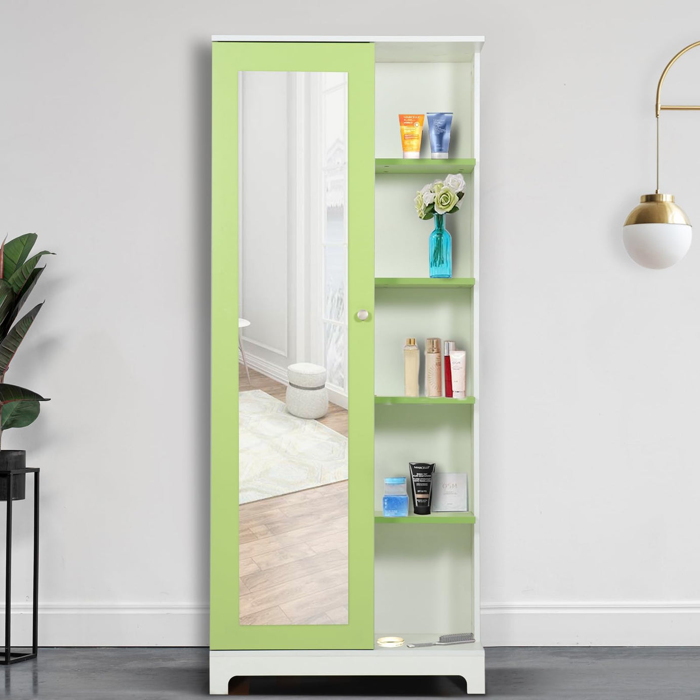 Witty Wud | Desitny | Engineered Wood Dressing Table with Shelf and Storage 1 Door with mirror & Locker in White & Parrot Green Colour | 1 year Warranty