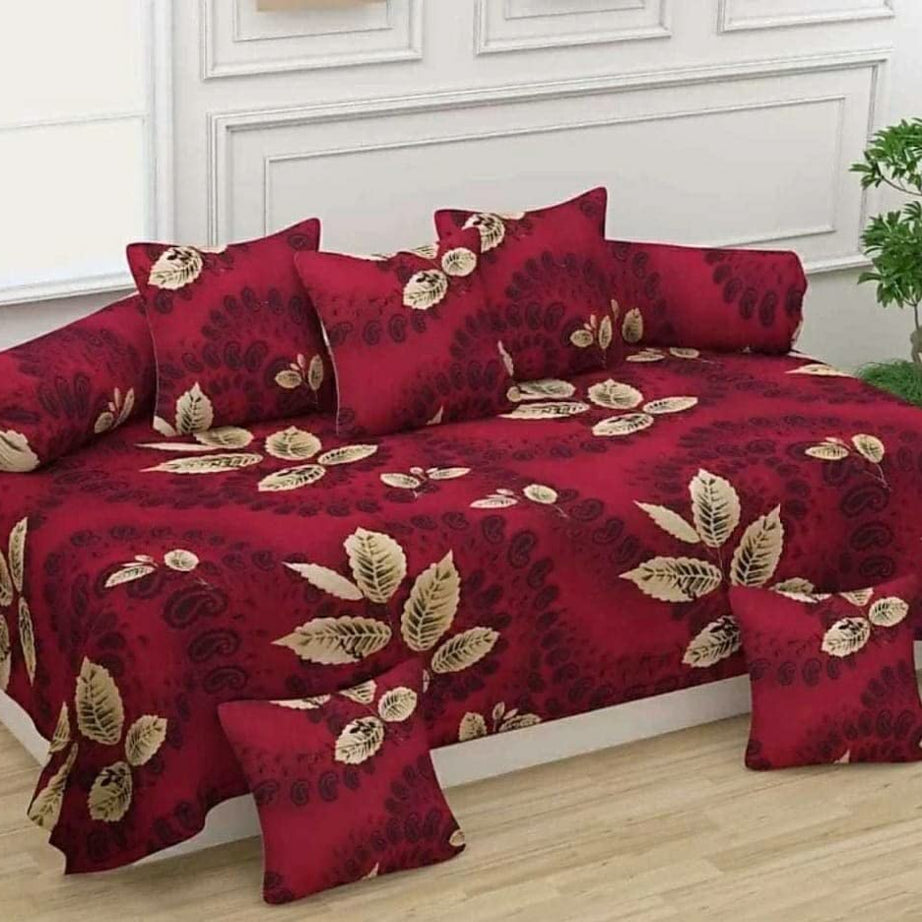 Gurnoor | Soft Microfiber Diwan Set Covers 8 Pieces, Floral Designer Printed Standard Deewan Set (1 Single Bedsheet, 2 Bolster Covers, 5 Cushion Covers) (Red-Maroon)