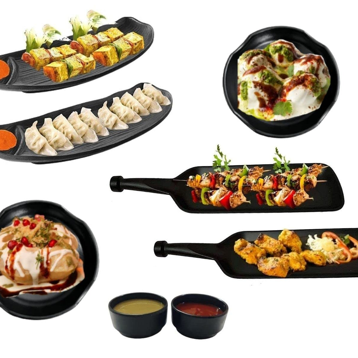 Home Decorise Melamine French Fries, Momos Serving Platter with 2 Bhalla Plate and 2 Dip Bowls Unbreakable Serving Dessert and Snacks Platter/Tray (Matt Black, Combo Pack of 8)