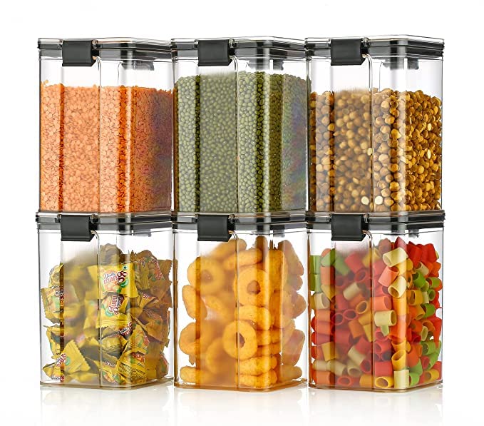 Flossymart Plastic 1200 Ml Pack Of 6 Airtight Container Fridge Storage Containers Set Bpa Free Round Shape Container,Easy Flow Cereal Dispenser Storage Jar,Dabba,Box (1200 Ml) - Transparent