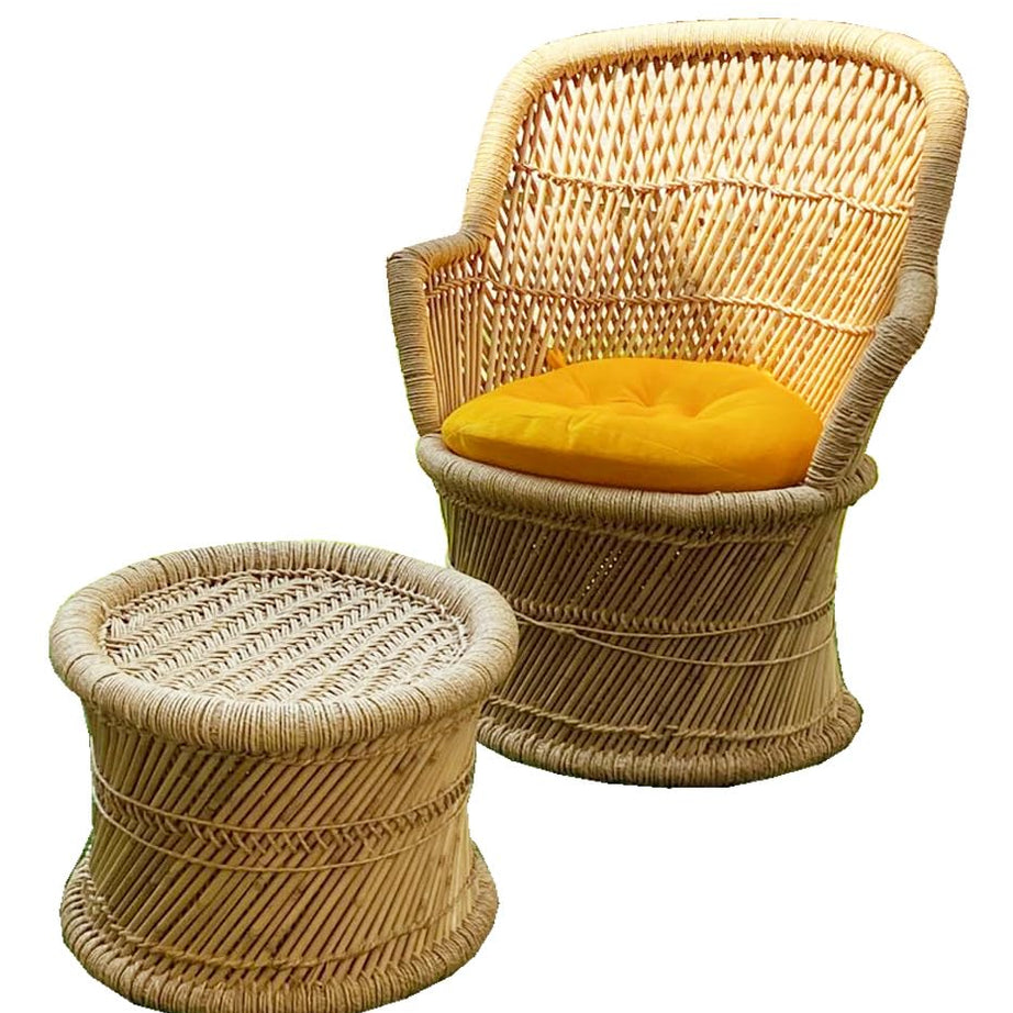 Handmakers Bamboo Mudda Chair Set For Balcony | Outdoor Mudda Beige Chair And Mudda Beige Stool