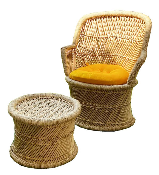 Handmakers Bamboo Mudda Chair Set For Balcony | Outdoor Mudda Beige Chair And Mudda Beige Stool